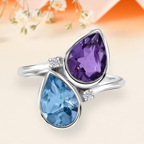 NWT African Amethyst, Sky Blue Topaz and Moissanite Bypass Ring Size 9 - Picture 6 of 13